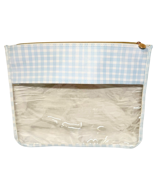 Blue Gingham PU Leather Needlepoint Project Bag | Medium 11" x 14" Clear WIP Bag
