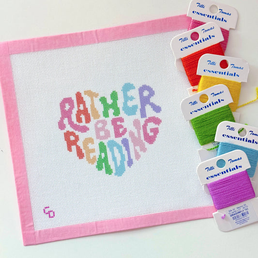 “Rather Be Reading” Needlepoint Canvas, Rainbow Heart Needlepoint, 18 Mesh