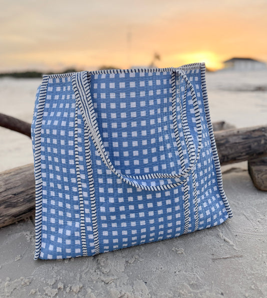 Seaside Check Hand-Quilted Large Tote Bag