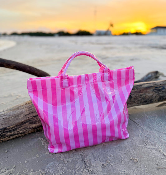 Pink Cabana Striped Waterproof Beach Tote
