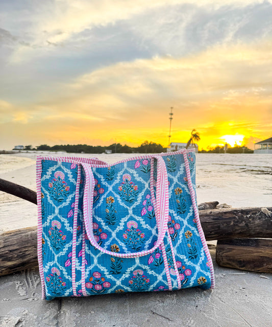 Coastal Bloom Hand-Quilted Large Tote Bag