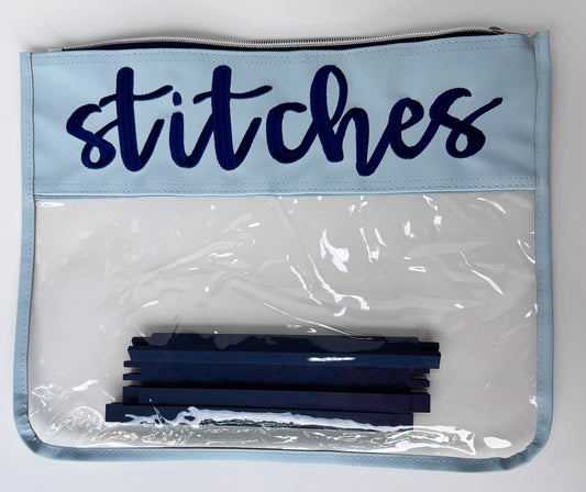 "Stitches" Embroidered Needlepoint Project Bag | Medium 11" x 14" Clear WIP Bag
