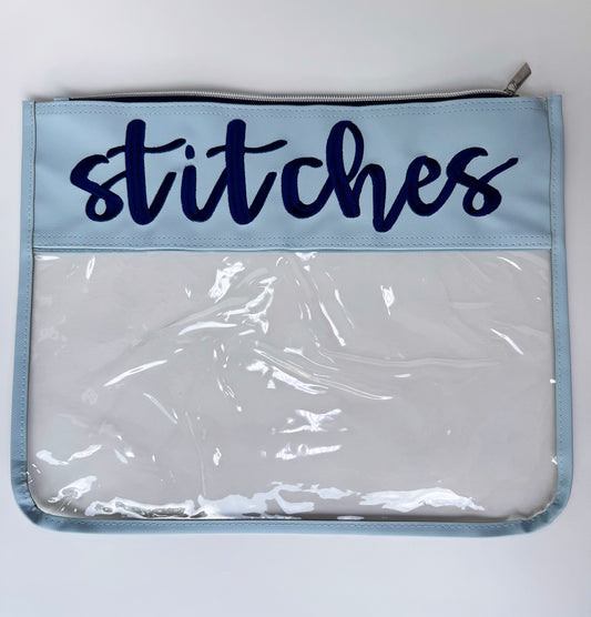 "Stitches" Embroidered Needlepoint Project Bag | Medium 11" x 14" Clear WIP Bag