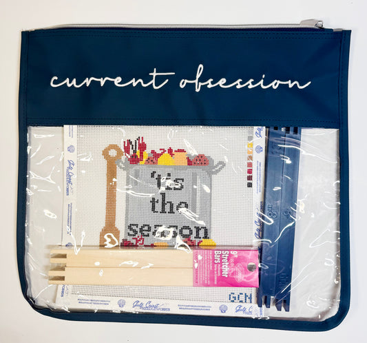 "Current Obsession" Embroidered Needlepoint Project Bag | Large 13" x 15" Clear WIP Bag