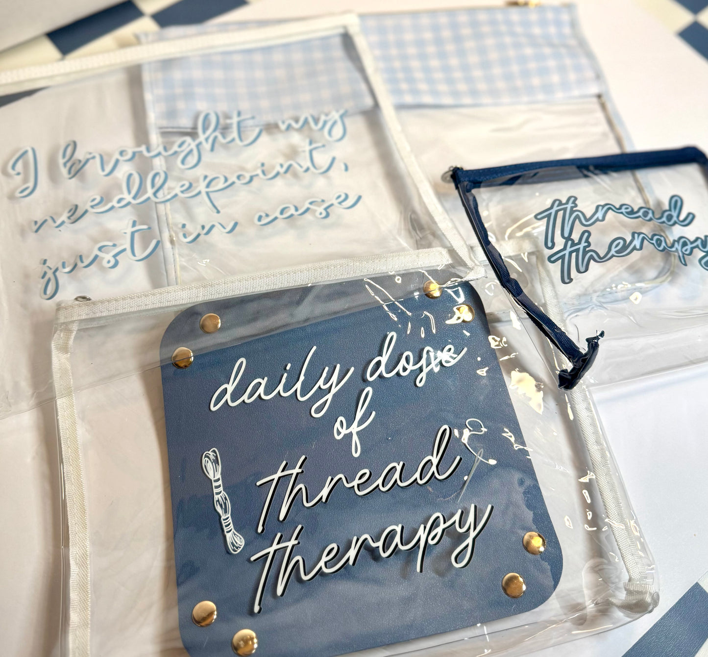 “Daily Dose of Thread Therapy” Clear Project Bag | Small 9" x 12" Needlepoint WIP Bag