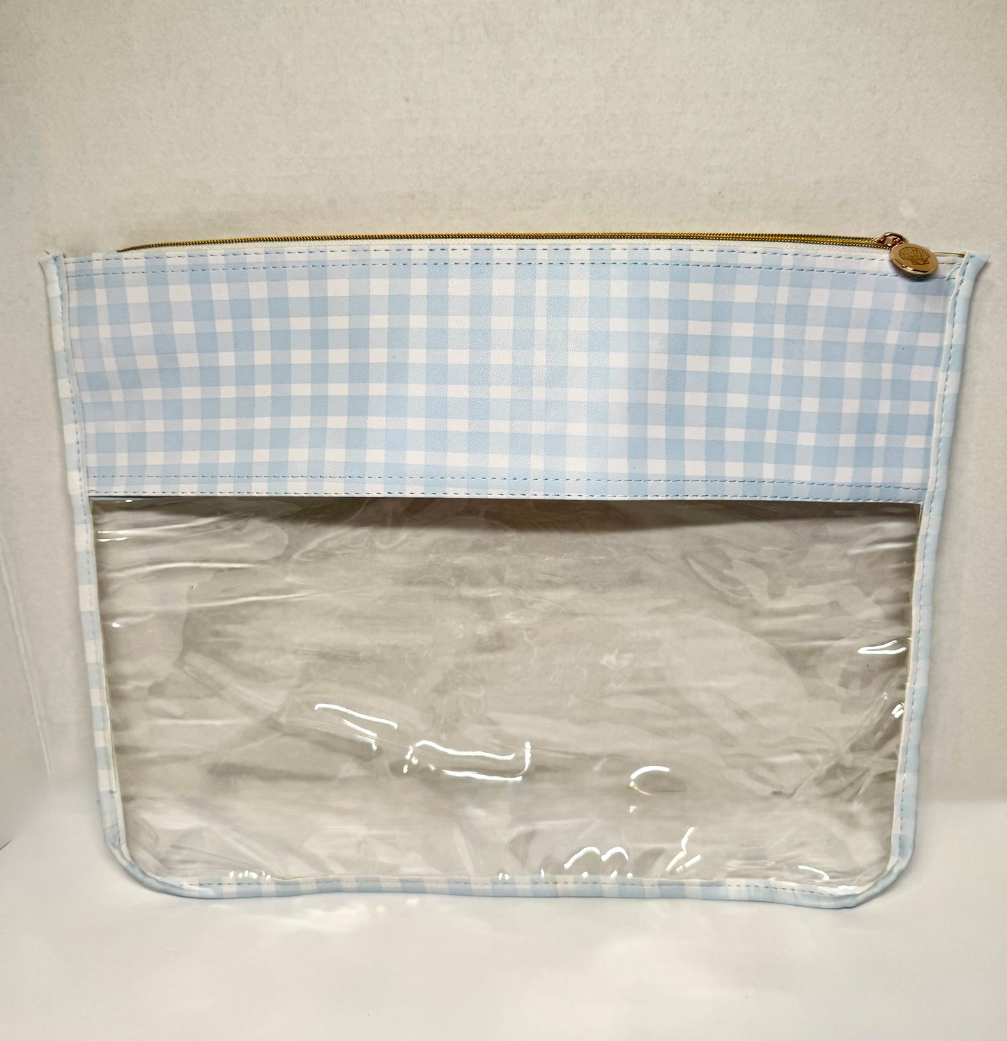 Blue Gingham PU Leather Needlepoint Project Bag | Medium 11" x 14" Clear WIP Bag