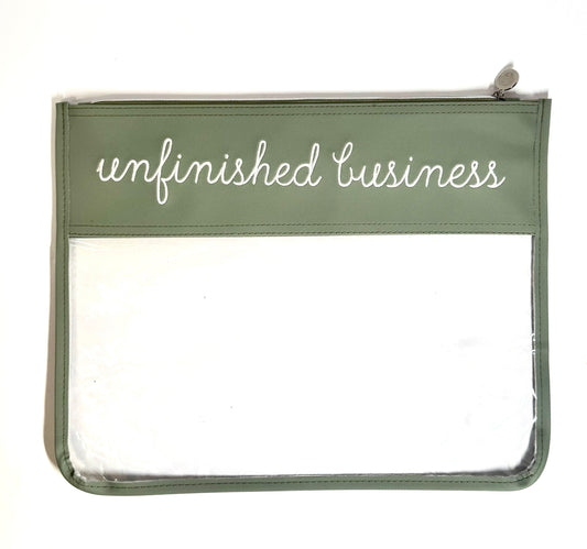 "Unfinished Business” Embroidered Needlepoint Project Bag | Medium 11" x 14" Clear WIP Bag