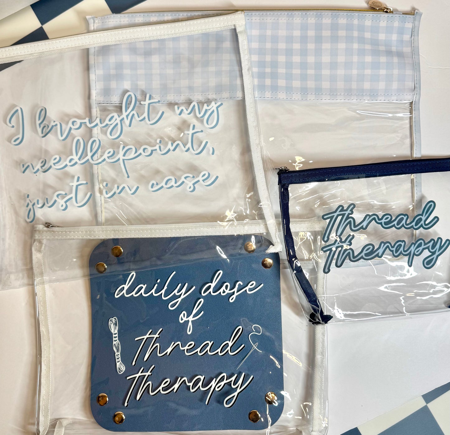 Blue Gingham PU Leather Needlepoint Project Bag | Medium 11" x 14" Clear WIP Bag