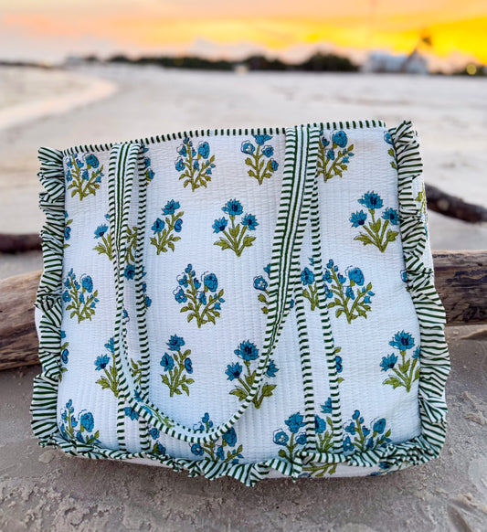 Spring Tide Hand-Quilted Large Tote Bag With Ruffled Edges