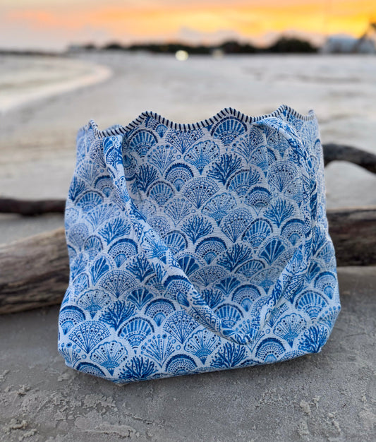 Seashell Toile Hand-Quilted Large Tote Bag With Scalloped Top