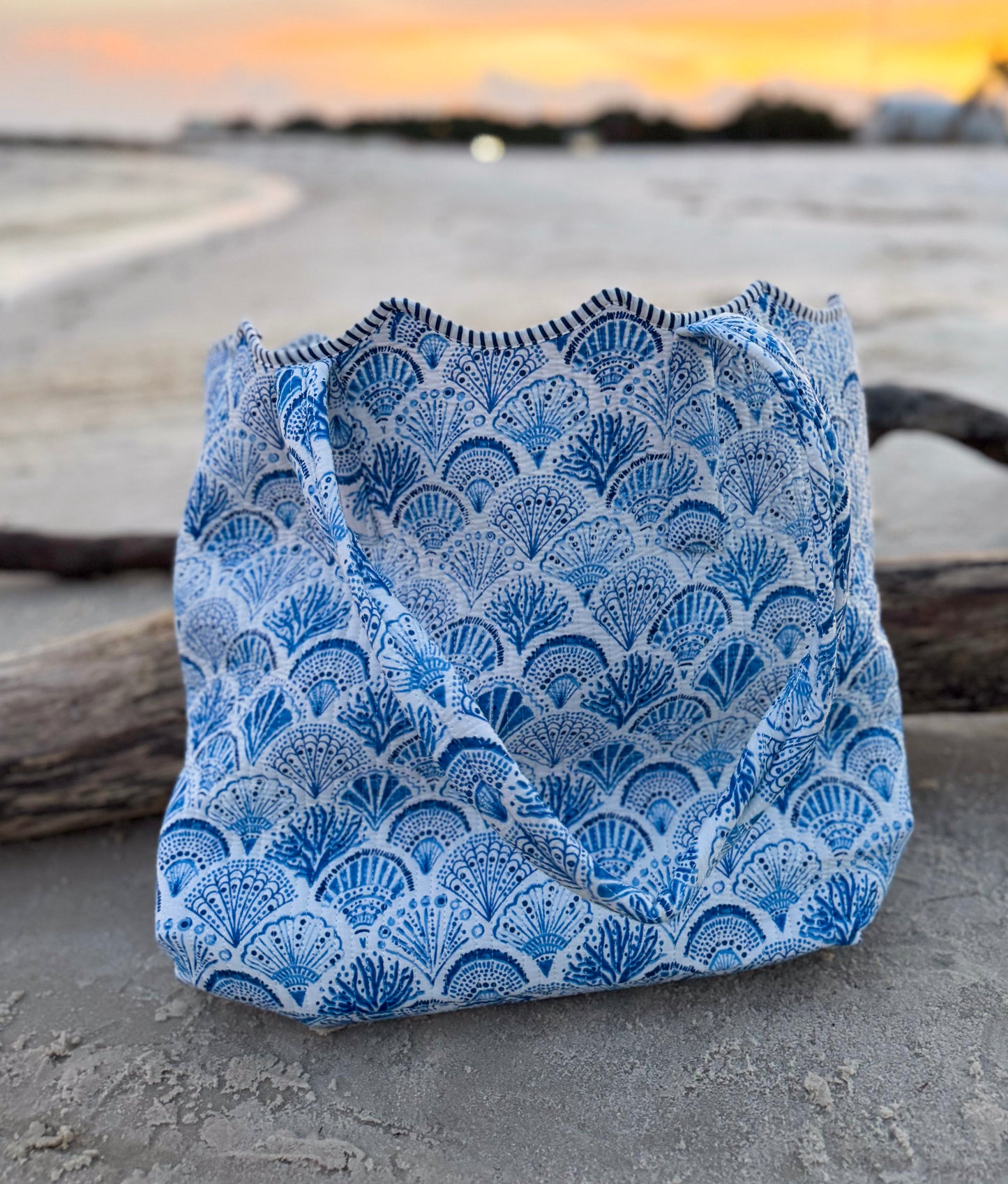 Seashell Toile Hand-Quilted Large Tote Bag With Scalloped Top