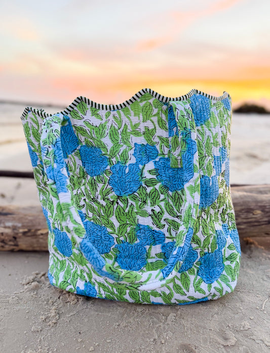 Hydrangea Wave Hand-Quilted Large Tote Bag With Scalloped Top