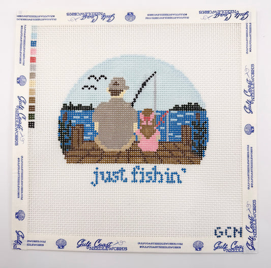 Just Fishin' Dad & Daughter Hand-Painted Needlepoint Canvas | 5 inch Round 14 Mesh Design
