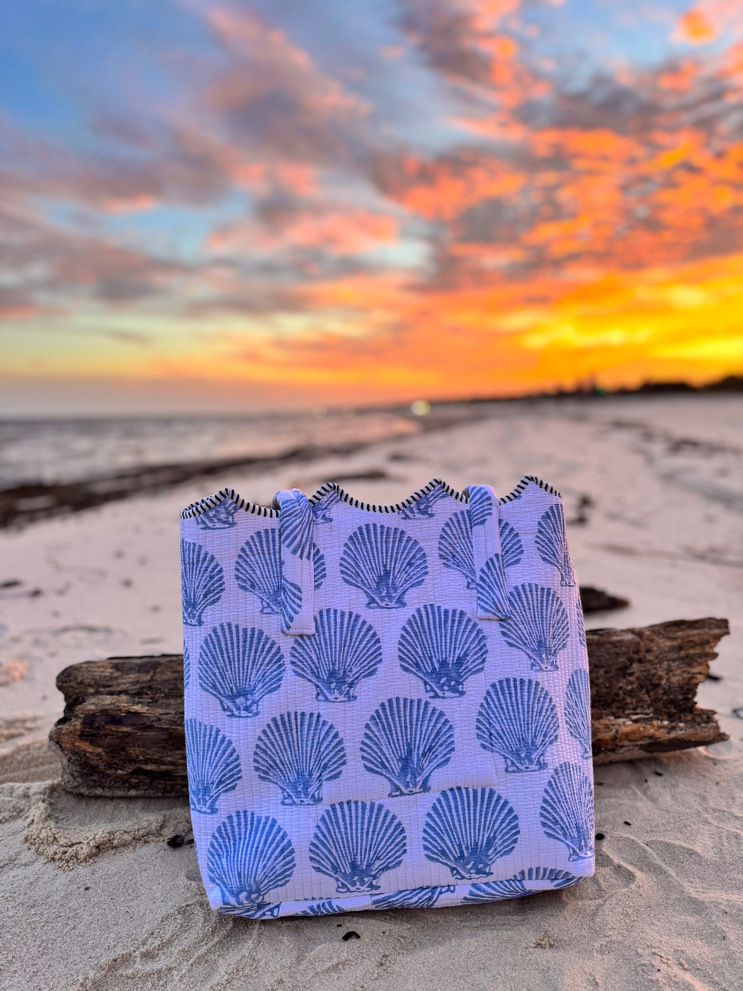 Sea Mist Shell Hand-Quilted Large Tote Bag With Scalloped Top