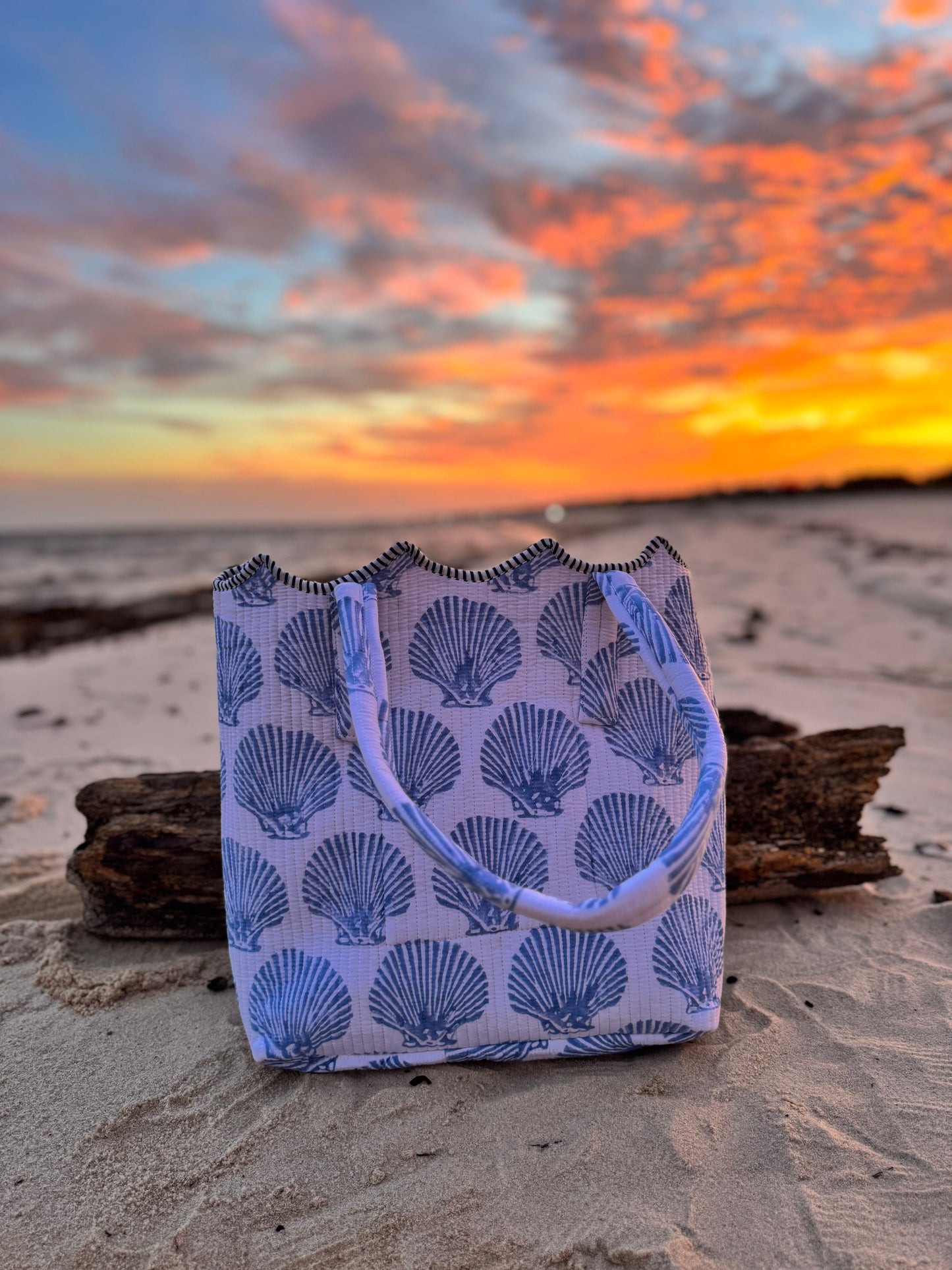 Sea Mist Shell Hand-Quilted Large Tote Bag With Scalloped Top