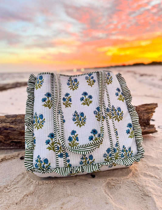Spring Tide Hand-Quilted Large Tote Bag With Ruffled Edges