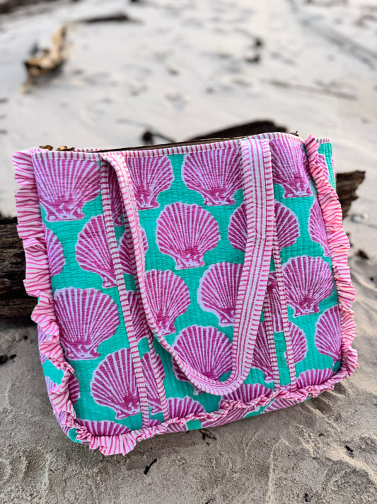 Pink Scallop Hand-Quilted Large Tote Bag With Ruffled Edges