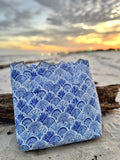 Seashell Toile Hand-Quilted Large Tote Bag With Scalloped Top