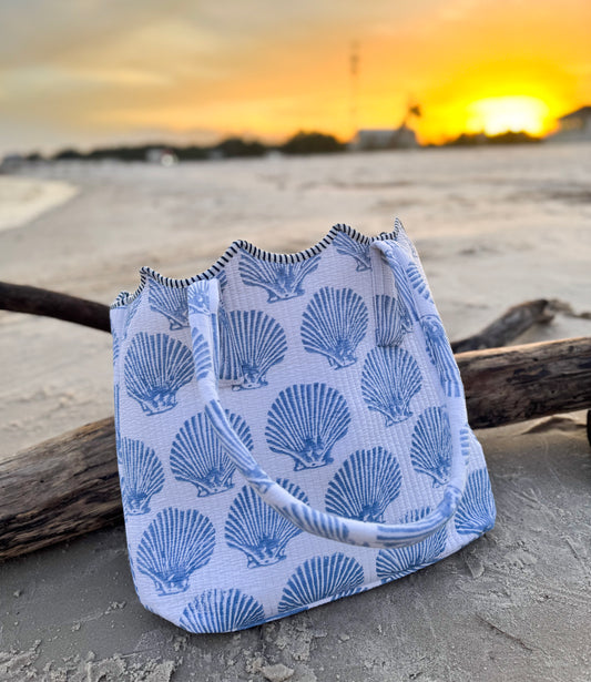 Sea Mist Shell Hand-Quilted Large Tote Bag With Scalloped Top