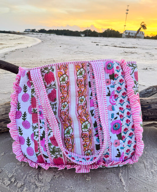 Petal Patchwork Hand-Quilted Large Tote Bag With Ruffled Edges