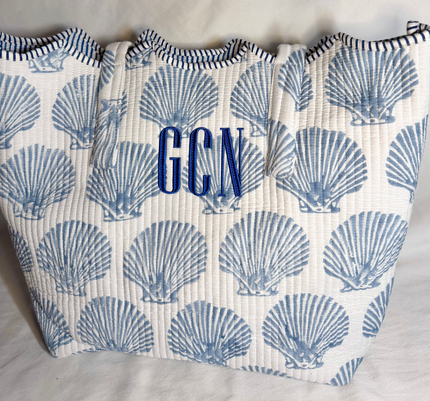 Seashell Toile Hand-Quilted Large Tote Bag With Scalloped Top