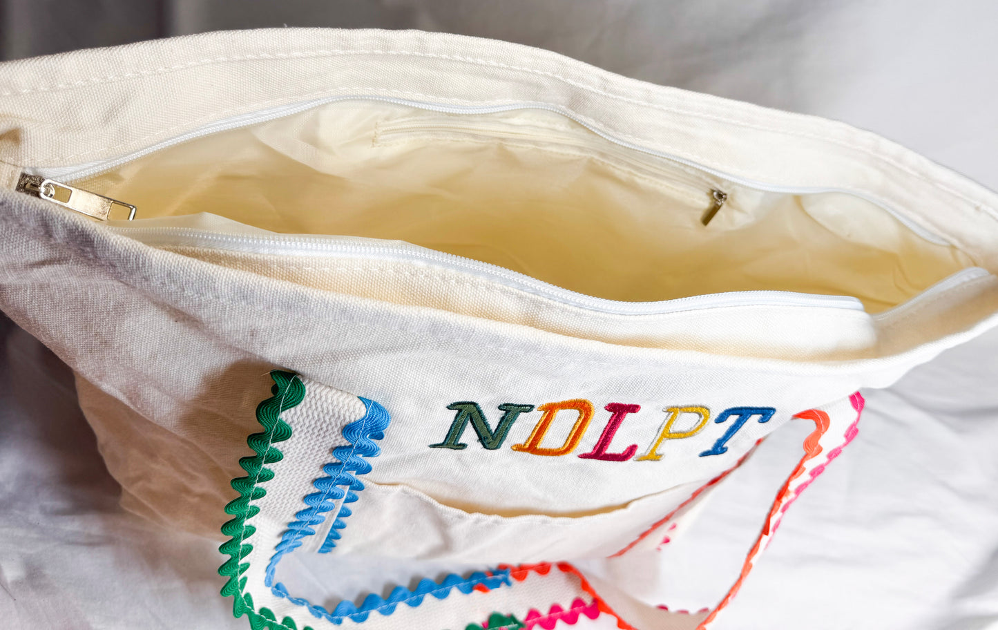 NDLPT Canvas Project Tote | Embroidered Needlepoint Tote Bag | Lightweight Zippered Carryall