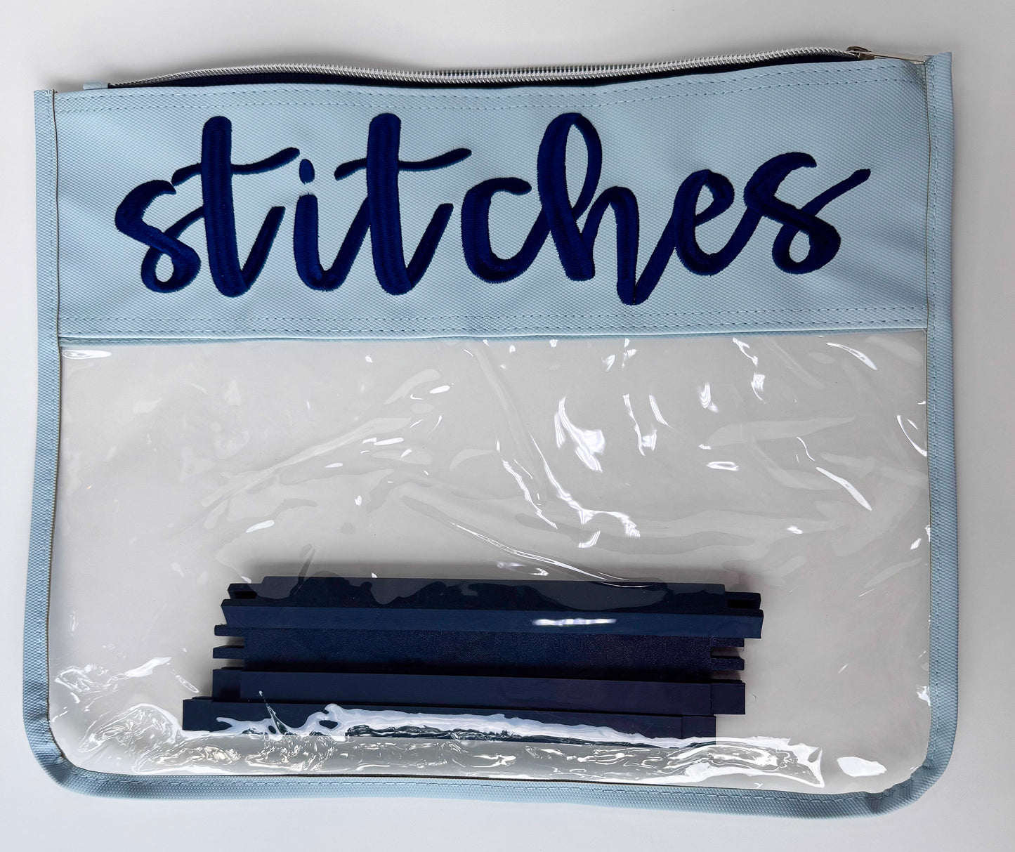 "Stitches" Embroidered Needlepoint Project Bag | Medium 11" x 14" Clear WIP Bag