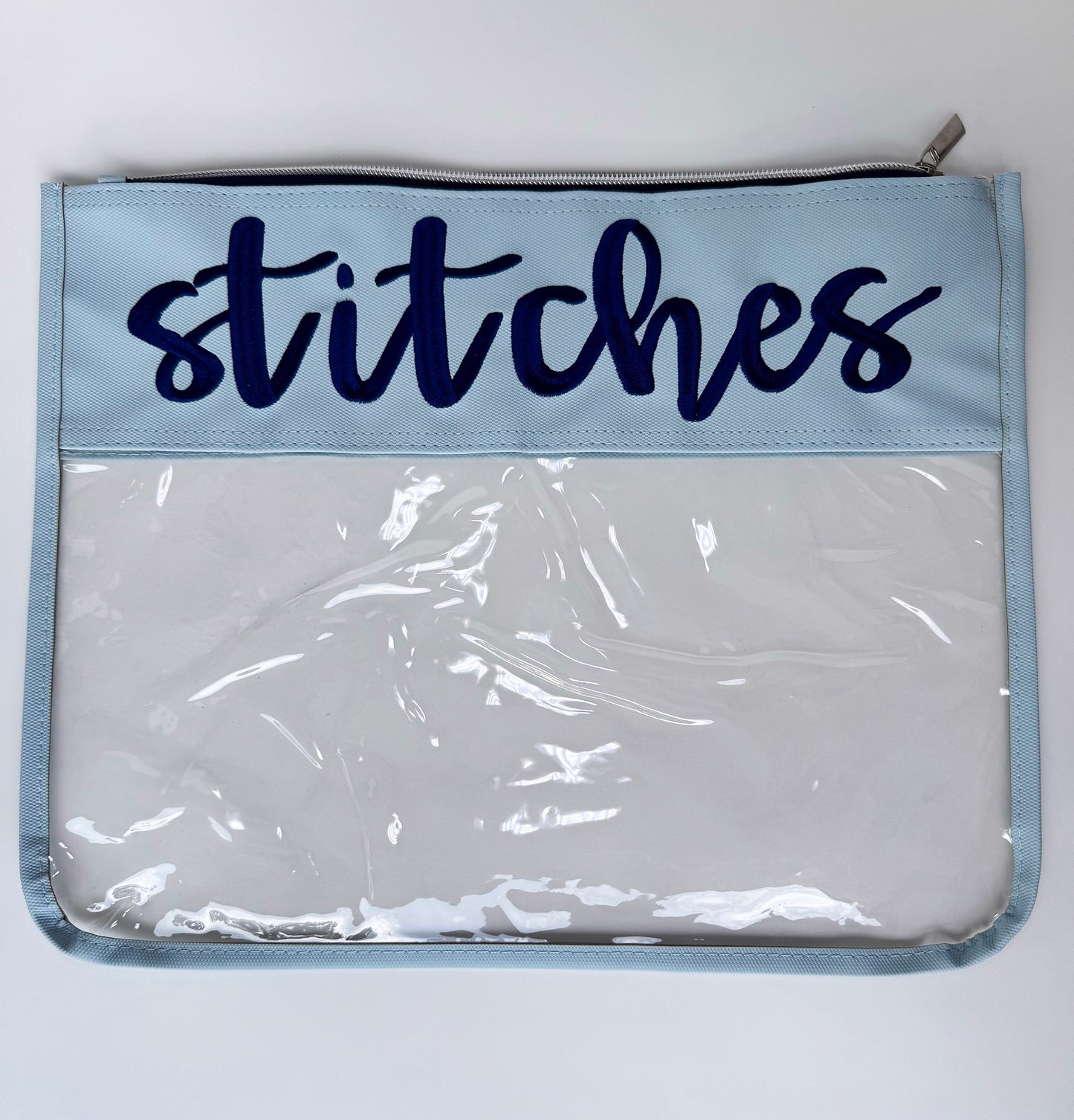 "Stitches" Embroidered Needlepoint Project Bag | Medium 11" x 14" Clear WIP Bag