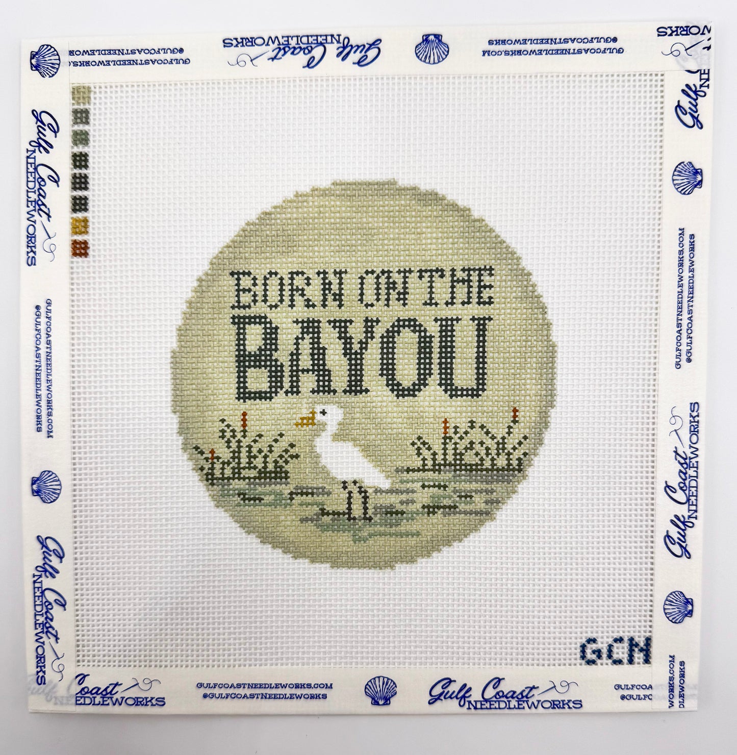 Born on the Bayou Hand-Painted Needlepoint Canvas | Coastal Marsh Egret Design | 18 Mesh 4 Inch Round