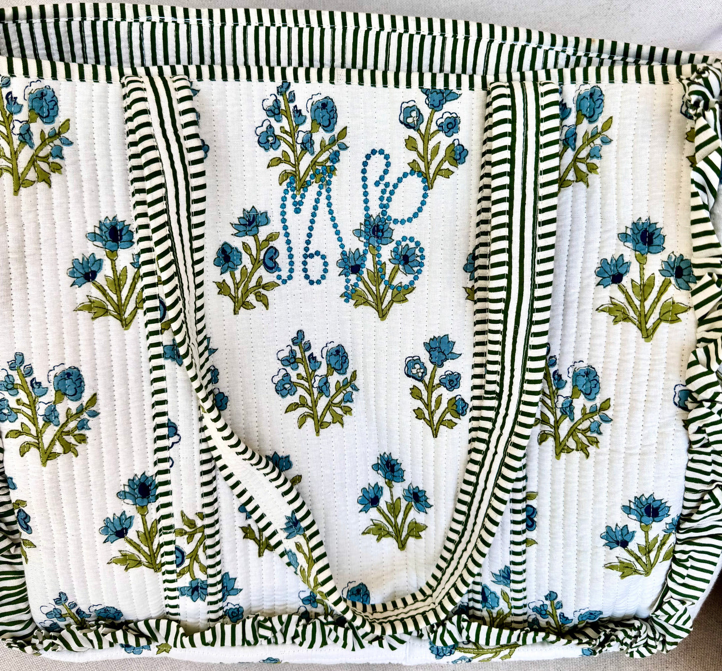 Seashell Toile Hand-Quilted Large Tote Bag With Scalloped Top