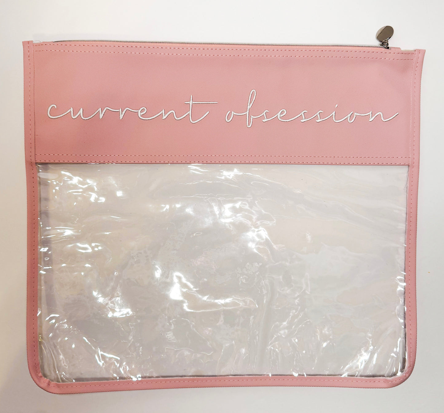 Pink "Current Obsession" Embroidered Needlepoint Project Bag | Large 13" x 15" Clear WIP Bag